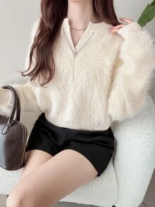 FRIFUL Women's Autumn/Winter Casual Solid Color Chain Decor Sweater - Apricot - View 2