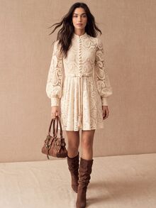 CielaLinda Women's Paisley Lace Cut-Out Mini Dress With Lantern Sleeves And Water-Soluble Embroidery - Apricot - View 3