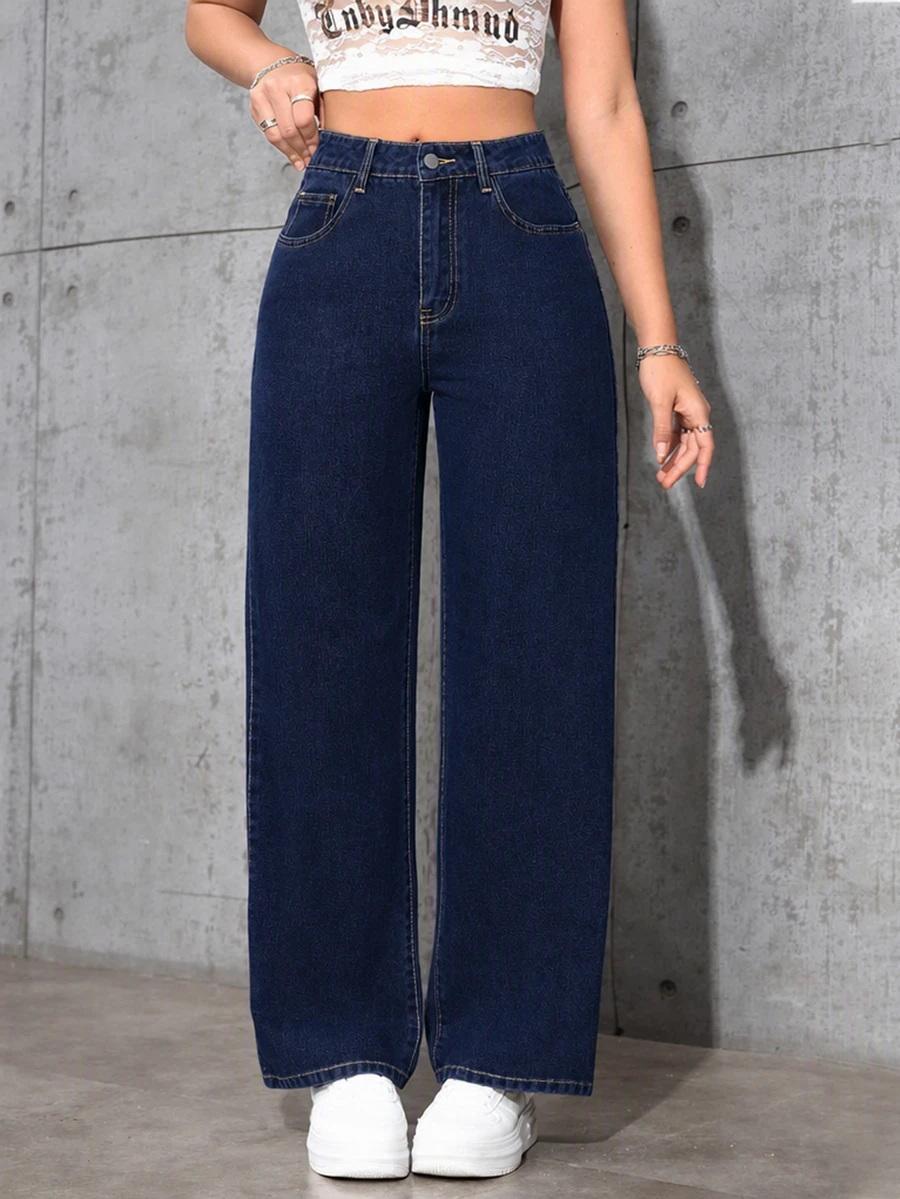 SHEIN ICON 女款直筒寬鬆休閒百搭牛仔褲,附口袋 - 深色水洗藍 - 查看 1