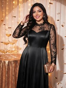Auveirra Plus Size Women's Contrast Lace Long Sleeve Elegant Dress - Black - View 9