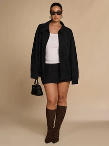 SHEIN BAE CURVE 大尺碼女款街頭時尚拉鍊長袖街頭夾克外套 冬季 - 黑色 - 查看 7