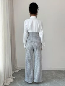 Elenzga Bộ 2 món công sở thanh lịch gồm áo sơ mi cài nút phối màu tương phản và quần dài chuyên nghiệp - Đen và trắng - Xem 2