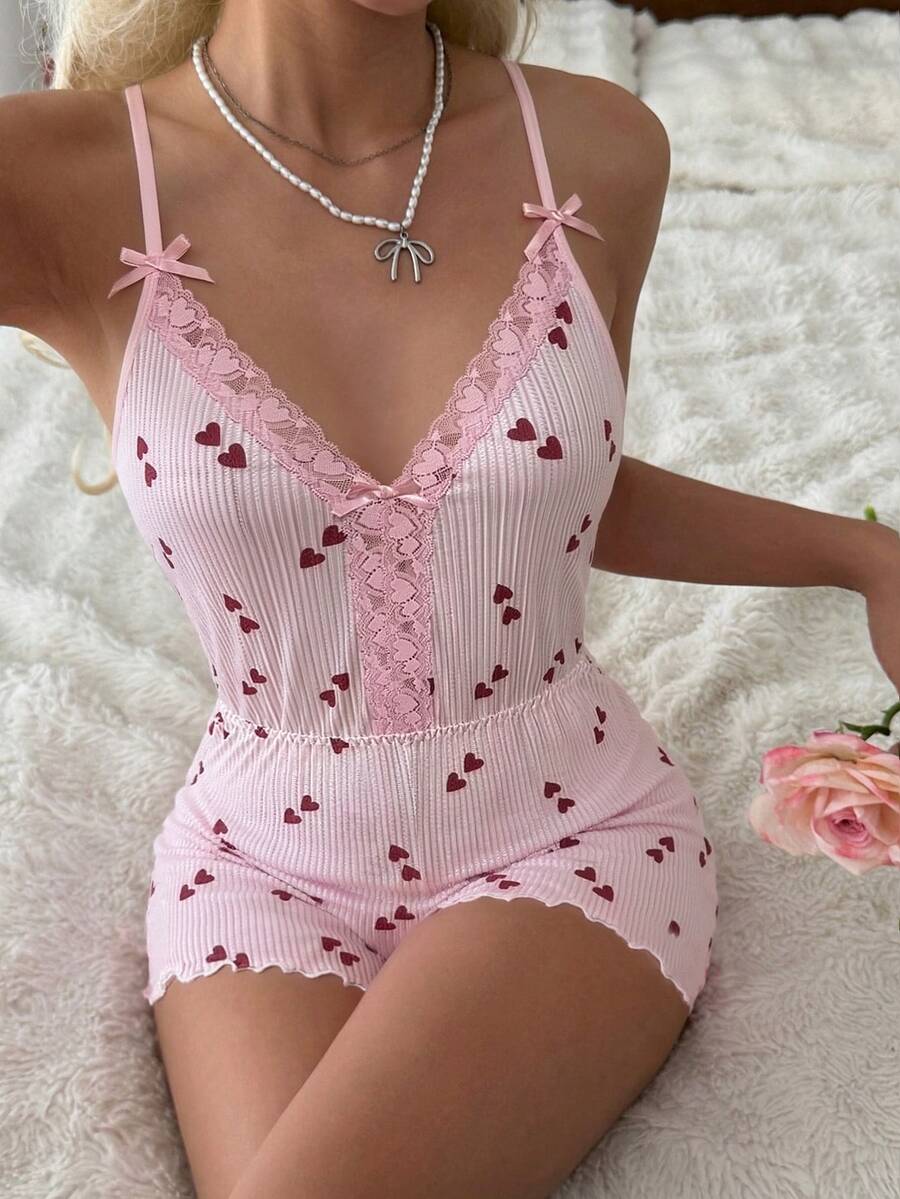 CottageSlumber Women's Lace Patchwork Backless Heart Stripe Print Pajama Romper - Pink - View 1