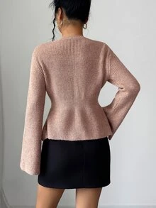 Elenzga Women's Waist-Cinching Flared Sleeve Knit Sweater - Pink - View 3