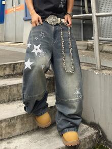 STEELVANCE 街頭風復古時尚百搭做舊水洗貓鬚鉚釘刺繡設計寬鬆直筒寬腿休閒牛仔褲（不含腰帶與配件） - 藍色 - 查看 4