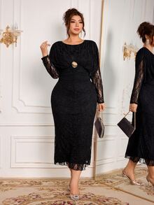 Modelyn Elegant Lace Round Neck Long Sleeve Fitted Regular Fit Plus Size Dress For Spring And Autumn - Black - View 4