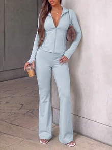 FavEase Women's Zipper Front Long Sleeve Top And Flare Pants Sports Sporty Athleisure Set Workout Gym Light Blue Autumn - Blue - View 6