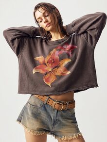 Bohemela 女款街頭風花卉印花時尚長袖運動衫 - 棕色 - 查看 3