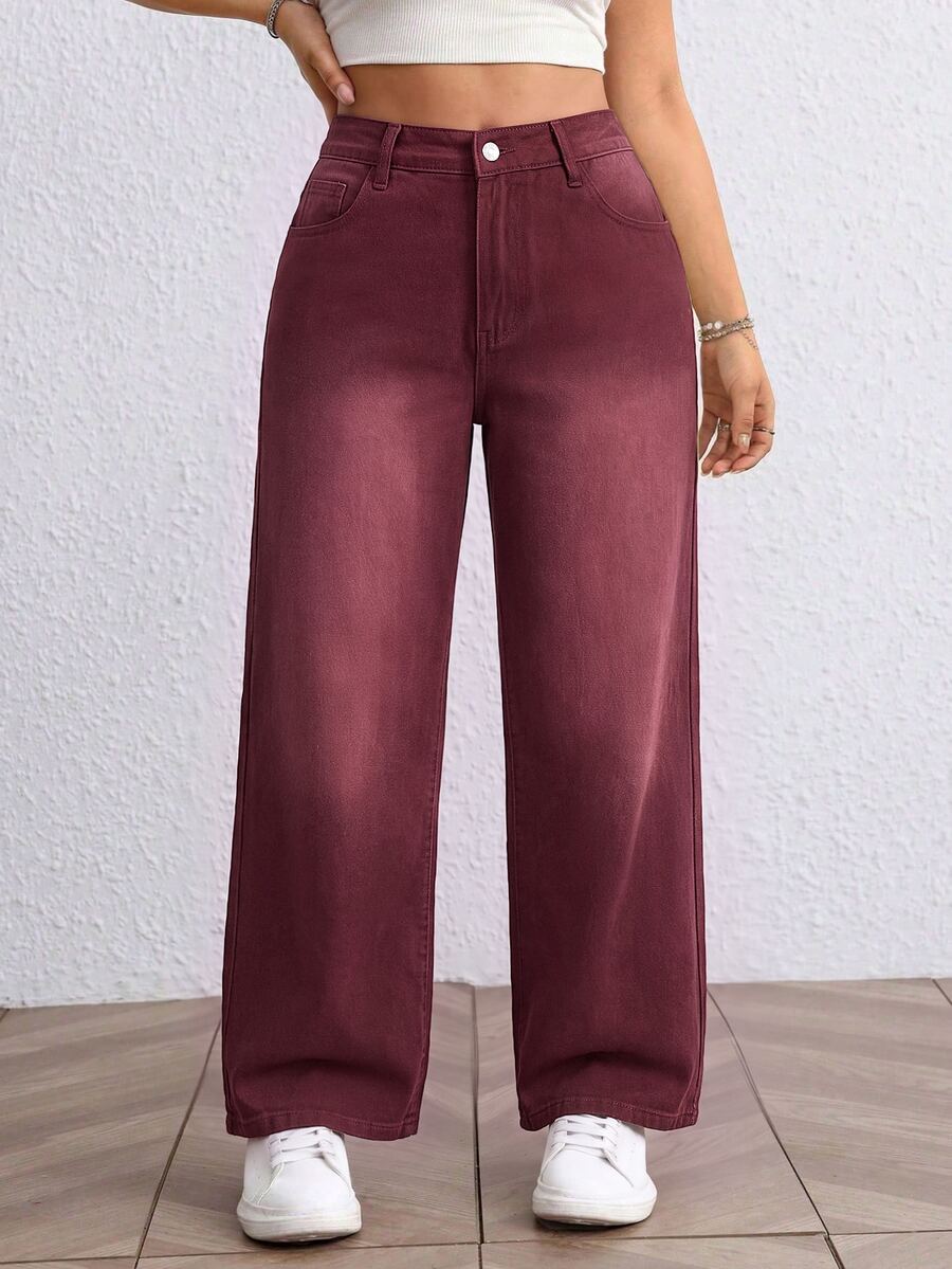 Jeanoix Y2K Plus Size Women Non-Stretch Denim Jeans, Ancara Red Washed Design Casual Fashion Straight Leg Denim Pants, Cowboy For Women - Red - View 1
