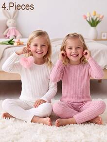 Set 4 Potong untuk Anak Perempuan: Bahan Fleece Bergaris, Kerah Tinggi, Lengan Panjang, Celana Panjang, Lapisan Dasar, Pakaian Dalam Termal Musim Gugur/Dingin - MultiWarna - View 3