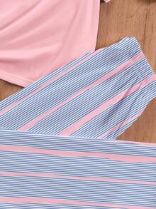 少女休閒甜美風極簡條紋圓領短袖長褲家居服套裝，適合日常居家穿著，舒適自在，休閒穿搭，時尚女孩風 - 彩色 - 查看 4