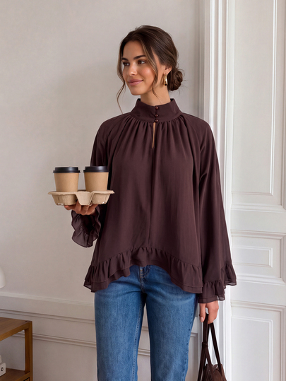 Easowa Stand Collar Ruffle Loose Chiffon Blouse, Casual Relaxed Elegant Commute Old Money Style Autumn/Winter Women's Shirt
