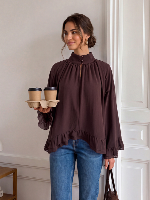 Easowa Stand Collar Ruffle Loose Chiffon Blouse, Casual Relaxed Elegant Commute Old Money Style Autumn/Winter Women's Shirt