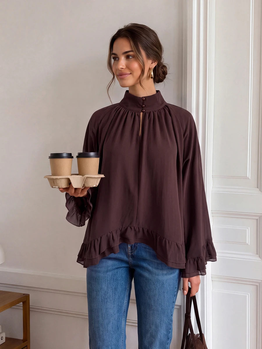 Easowa Stand Collar Ruffle Loose Chiffon Blouse, Casual Relaxed Elegant Commute Old Money Style Autumn/Winter Women's Shirt - Chocolate Brown - View 1