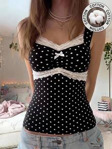 CovetEZ Women's Contrast Lace Bowknot Decor Polka Dot Print Tank Top - Black and White - View 1