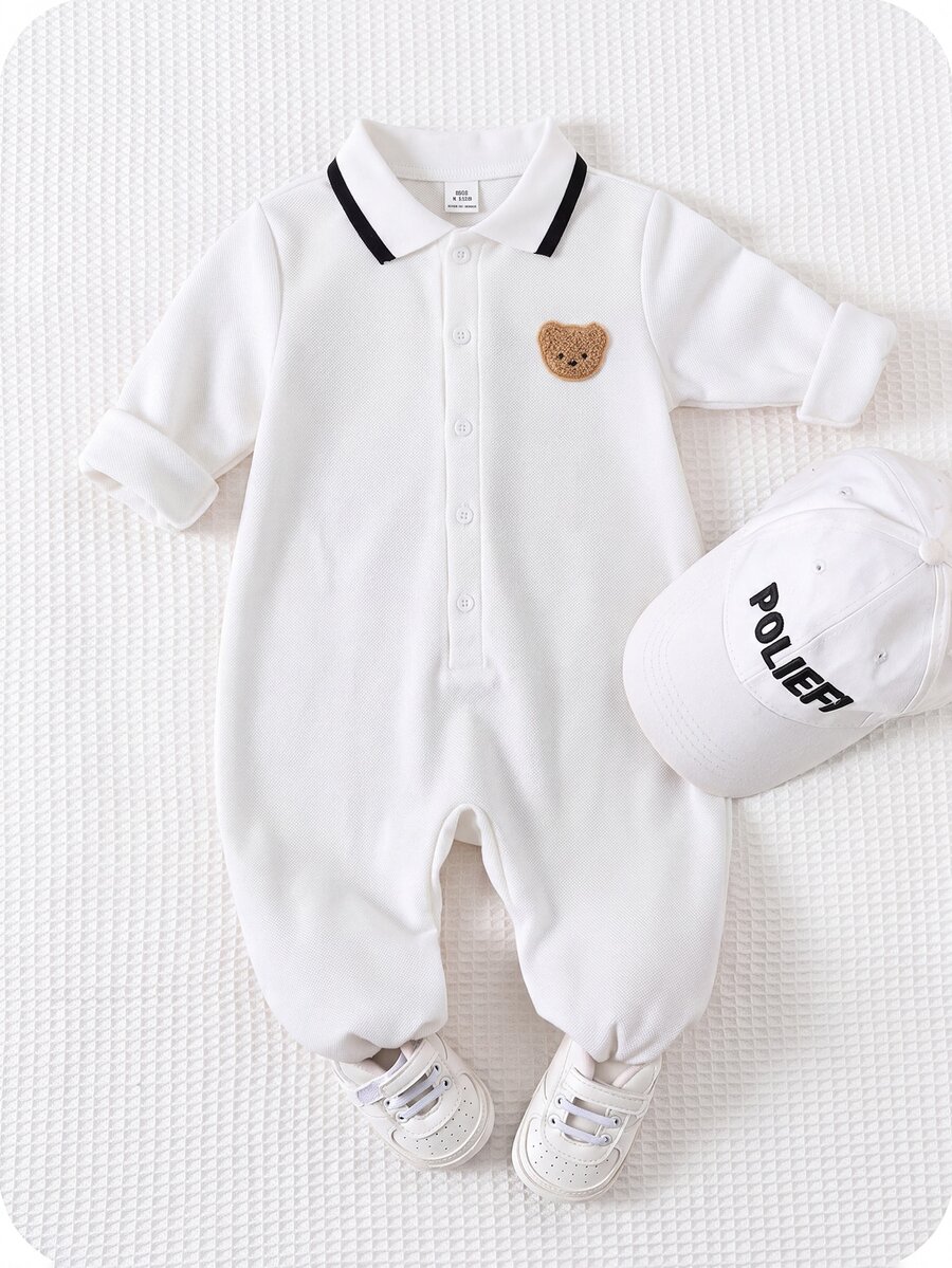 SHEIN 新生兒男嬰/女嬰秋冬款可愛卡通圖案 Polo 領長袖連身衣 - 白色 - 查看 1