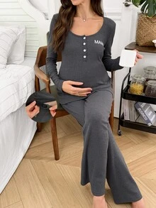 Moonlight&Mama Set Pakaian Santai Hamil Musim Gugur/Dingin, Atasan Lengan Panjang dan Celana Kancing Motif Huruf MAMA Rajut Bergaris Warna Polos, Kasual di Rumah - Dark Grey - View 5