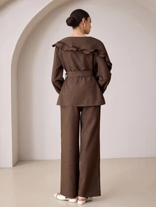 Graceveil Women's 2 Pieces Set With Layered Ruffle Waist Tie Cinched Top And Wide Leg Pants, Suitable For Commuting, Vacation, Daily Wear - Brown - View 2