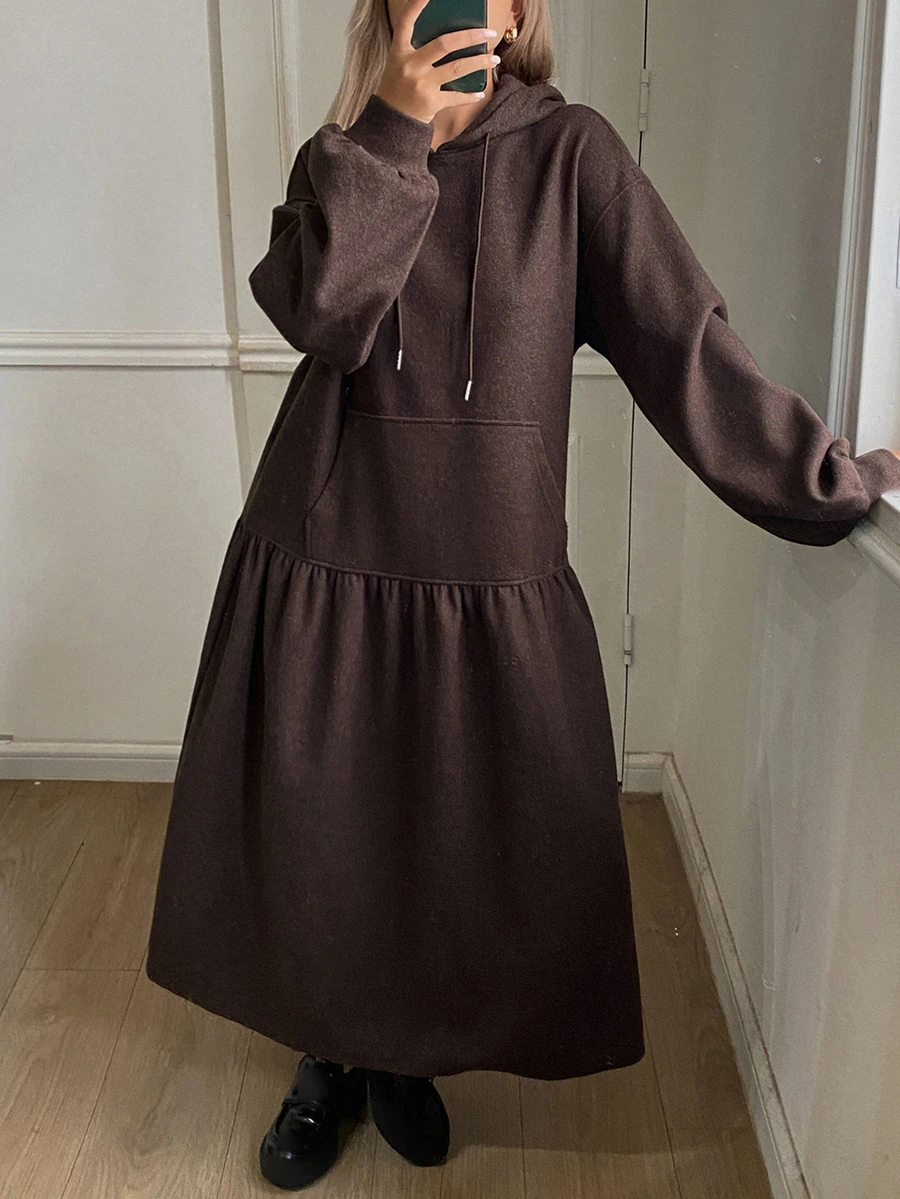 DAZY Dark Brown Hooded Drawstring Long Sleeve Patchwork Loose Fit Casual Mid-Length Dress, Versatile For Autumn/Winter - Brown - View 1