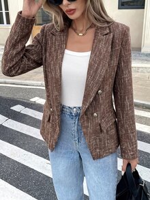 Serisse 女款優雅雙排扣西裝外套，適合秋季通勤 - 棕色 - 查看 3