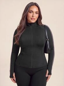 Gameset SHEIN Sport Women's Plus Size Solid Color Casual Alternative Daily Gym Outdoor Sports Jacket Black Autumn Fall - Multicolor - View 3