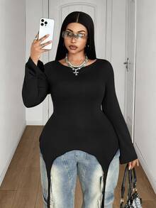 Maweii Plus Size Black Fitted Asymmetrical Hem Waist-Cinched Long Sleeve T-Shirt - Black - View 2
