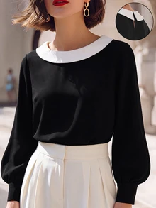 SHEIN Elegant Fashion Commuter Shirt Black Solid Color Minimalist Autumn/Winter Top Versatile - Black - View 2