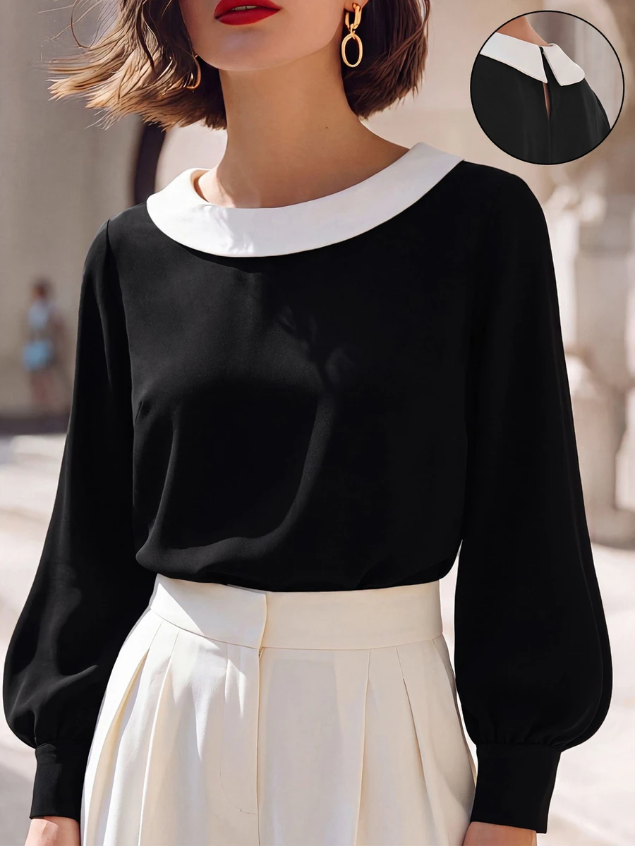 SHEIN Elegant Fashion Commuter Shirt Black Solid Color Minimalist Autumn/Winter Top Versatile