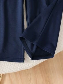 SHEIN ChillGRL Streecool 青少女 2 件套秋季服飾，常規厚度針織休閒百搭連帽拉鍊外套與寬鬆寬腿長褲套裝，馬術運動圖案印花，適合休閒運動 - 藏蓝色 - 查看 9