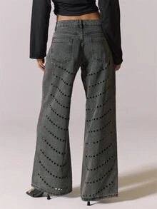MUSERA Jeans de mezclilla gris lavada con adornos y corte láser, para verano y otoño, para salir, festival, estilo chica cool, Furiosa, Halloween - Negro - Ver 4