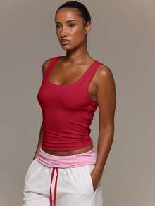 MUSERA ESSENTIALS Soft Rib Scoop Neck Fitted Longline Tank Vest Top Spring Summer - Red - View 3