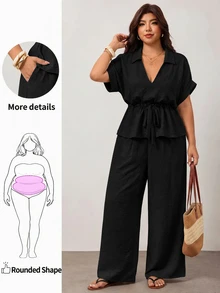 Enliva Plus Size Women Sand Linen Two Pieces Set Tie Waist Shirt Wide Leg Pants Vacation - Black - View 7