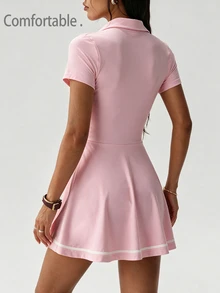 CourtClass Women's Casual Striped Colorblock Short Sleeve Dress, Shorts Sports Set - Pink - View 2