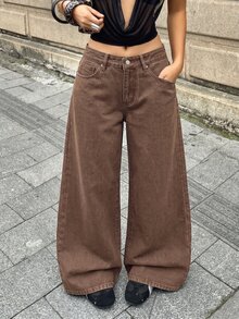 Attitoon Women's Letter Print Wide Leg Jeans - Coffee Brown - View 5