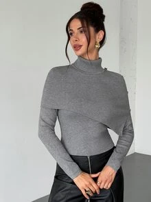 Firerie Women's Solid Color High Neck Long Sleeve Button Design Asymmetrical Sweater - Dark Grey - View 6