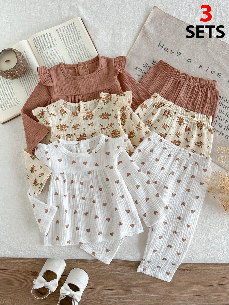 SHEIN 3 Sets Baby Girls Long Sleeve Top Pants Sweet Pink White Flutter Ruffle Floral Heart Long Sleeve Round Neck Regular Outdoor Fall Holiday Sweaters Gift - Multicolor - View 1