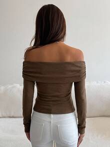 DAZY Autumn Coffee Brown Off-Shoulder Ruched Long Sleeve Fitted Solid Color Versatile Women's T-Shirt - Coffee Brown - View 2