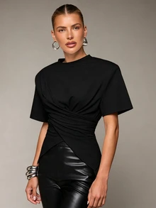 Hauture Women's Summer Fashion Casual Oversized Padded Shoulder Criss-Cross Design T-Shirt - Black - View 4