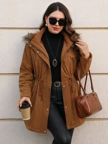 EMERY ROSE Mantel Musim Dingin Ukuran Besar Bergaya Modis dengan Kancing, Tali Serut, dan Bantalan, Cocok untuk Liburan, Jalan-jalan, Warna Cokelat Kasual Longgar - Coklat - View 6