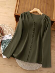 Rusticease Plus Size Women's Solid Color Casual Versatile Daily Wear Shirt - Army Green - View 7