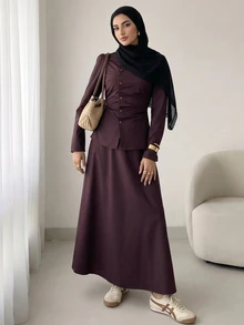 Solavon Women's Button Pleated Long Sleeve Shirt And Long Skirt 2 Pieces Set - Brown - View 1