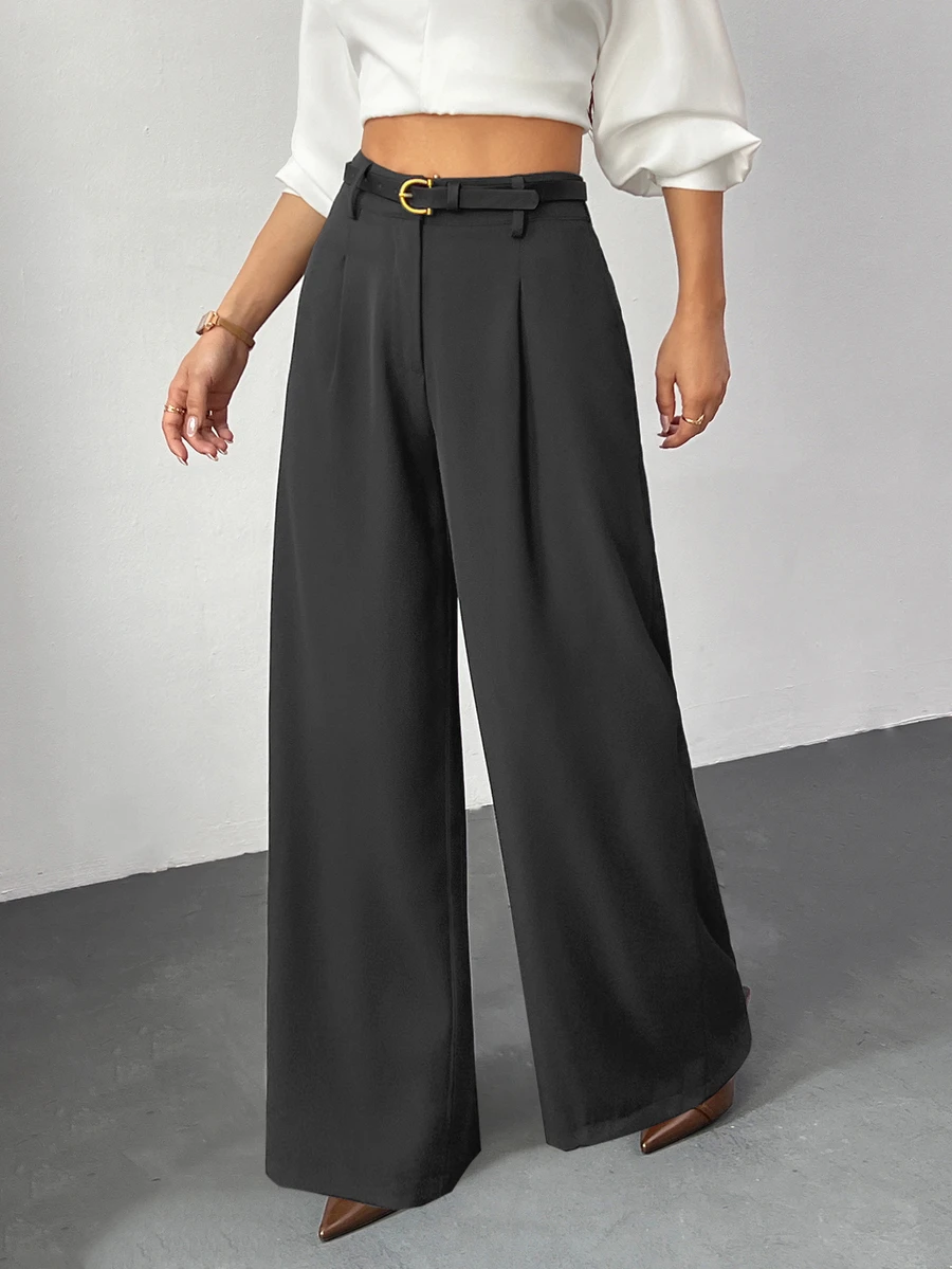 SHEIN PETITE 女款黑色純色寬腿休閒長褲附腰帶，小碼版型 - 灰色 - 查看 1