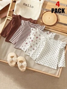 SHEIN Playful Pals 女嬰 0-3 歲 粉色 + 杏色配色 夏季純色與條紋針織短袖休閒日常或外出穿著 - 彩色 - 查看 1