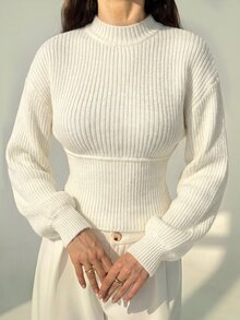 Aloruh 女款秋冬新款復古高領收腰蝙蝠袖長袖加厚針織套頭毛衣，青春感打底衫 - 杏色 - 查看 7