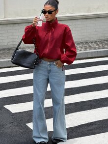 Muchica 女款時尚街頭風拉鍊綁帶口袋夾克外套 - 酒紅色 - 查看 5