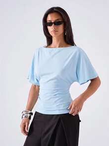 LYSMO Women's Casual Comfortable Wide Collar Light Blue Ruched Waist Mid-Length Sleeve Top - Baby Blue - View 7