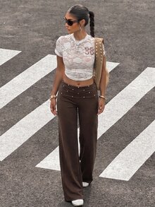 Muchica 女款黑色針織折疊腰鉚釘裝飾直筒長褲 Y2K 風格 - 棕色 - 查看 6