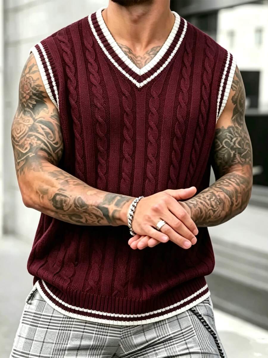 Manfinity Homme Men's Plus Size Colorblock Trim Knit Vest - Burgundy - View 1