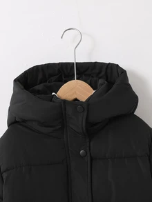 SHEIN 兒童大童女孩簡約舒適寬鬆短版立領加厚保暖冬季外套 - 黑色 - 查看 4