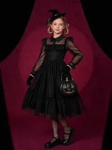 Tween Girl Mesh Patchwork Ruffle Long Sleeve Elegant Dress - Black - View 3